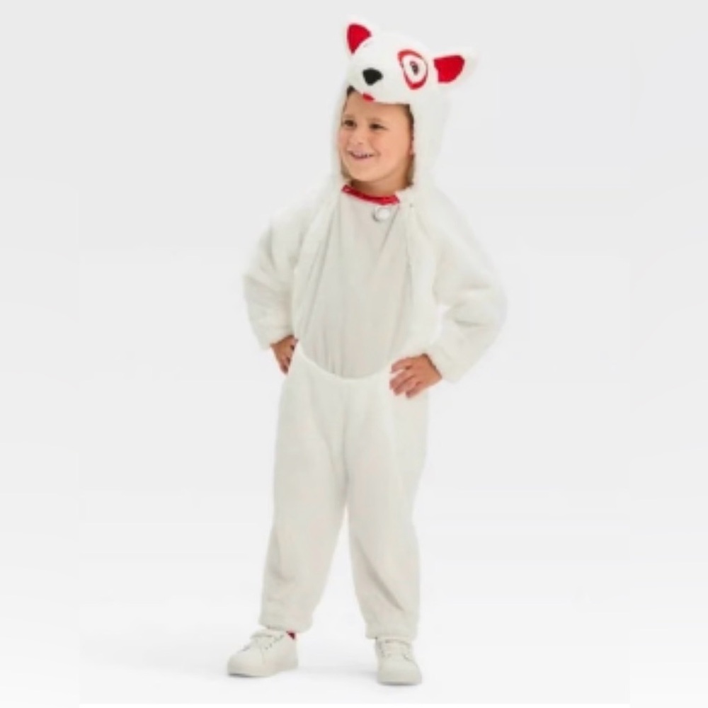 Target Bullseye the dog plush costume - cute and warm!  Great family Halloween